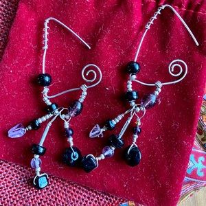 Vintage Sterling Silver Beaded Earrings Black Purple